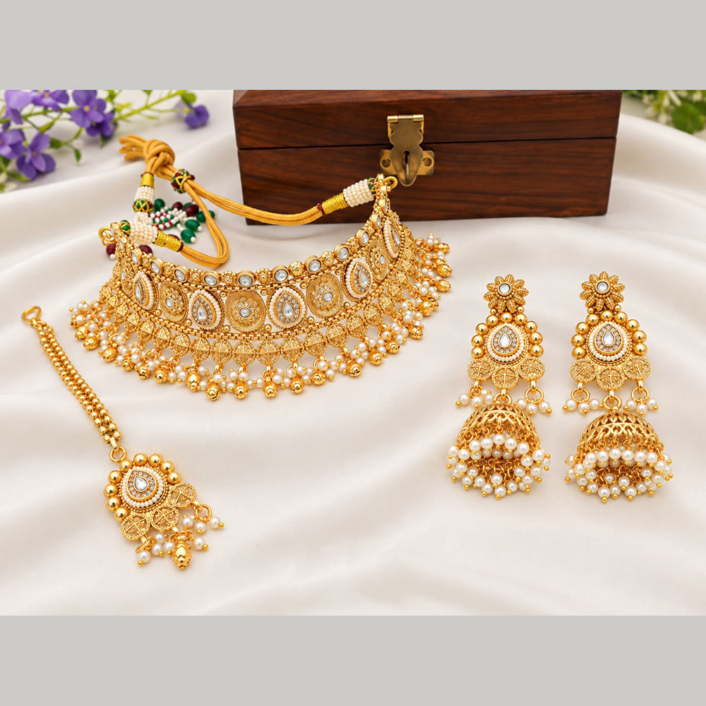 Tanish Art Jewellery Classic Pota Stone And Pearl Choker Necklace Set for Women