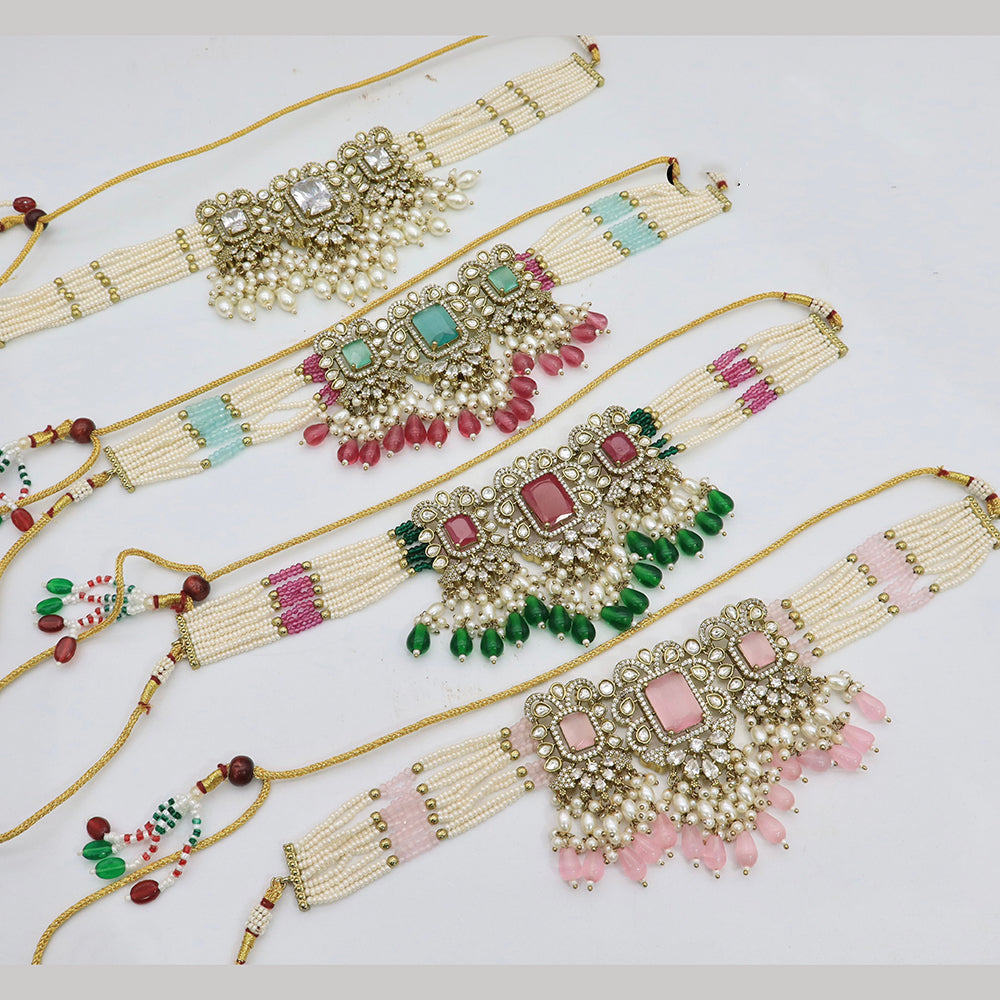 Tanish Art Jewellery Classic Pota Stone And Pearl Choker Necklace Set for Women