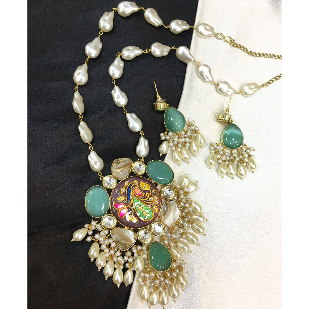 ZF Collection Pota Stone And Mother of Pearl Designer Long Necklace Set