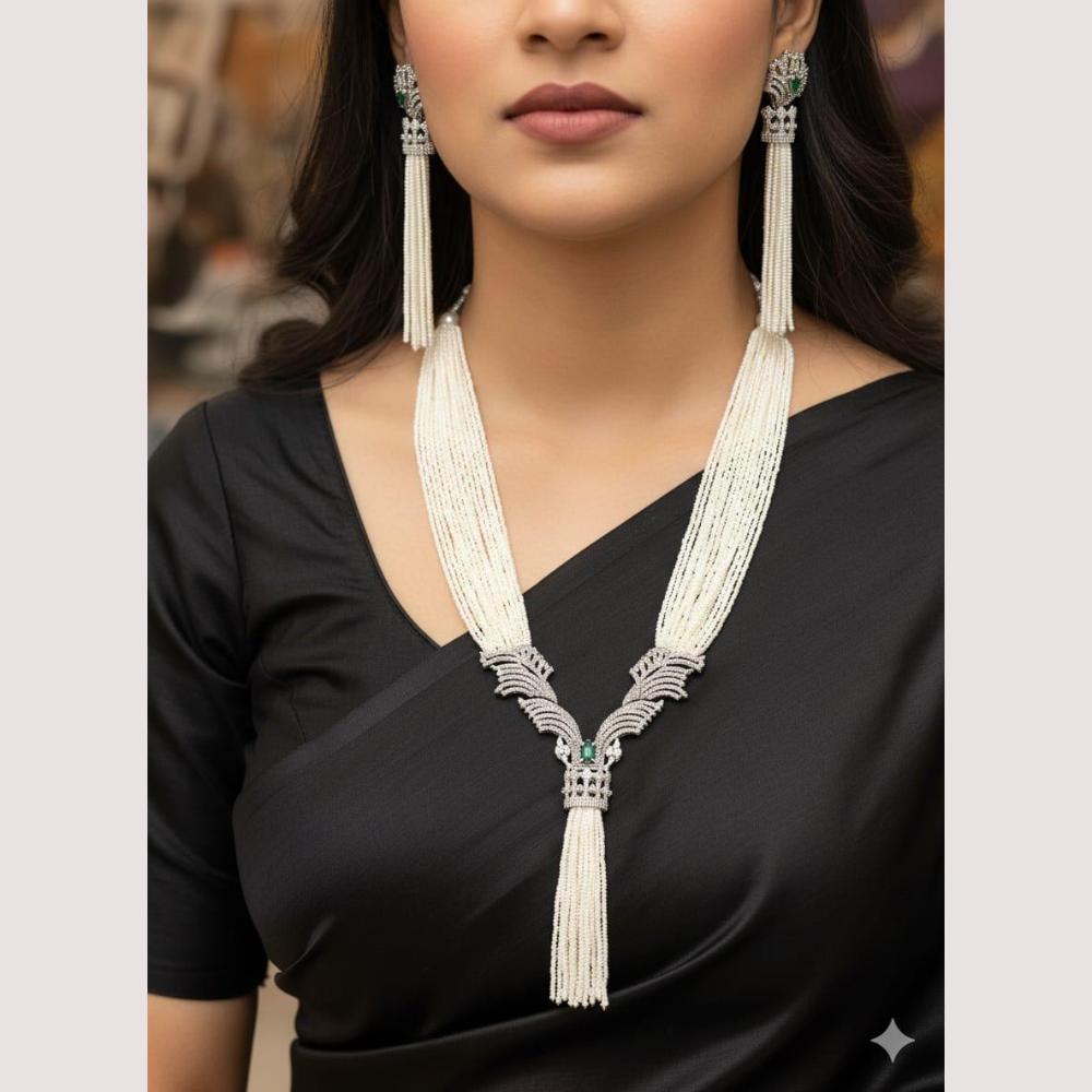 ZF Collection Glamorous American Diamond And Pearl Long Necklace Set
