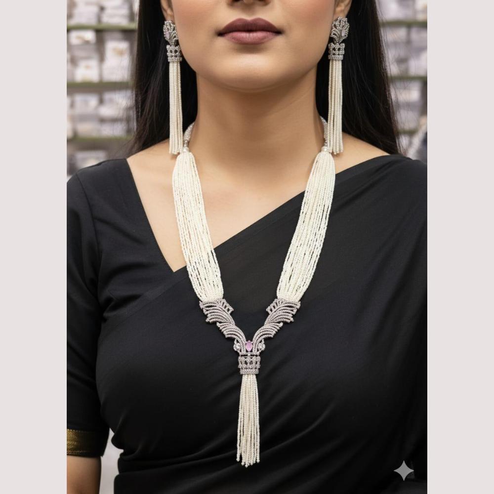 ZF Collection Glamorous American Diamond And Pearl Long Necklace Set