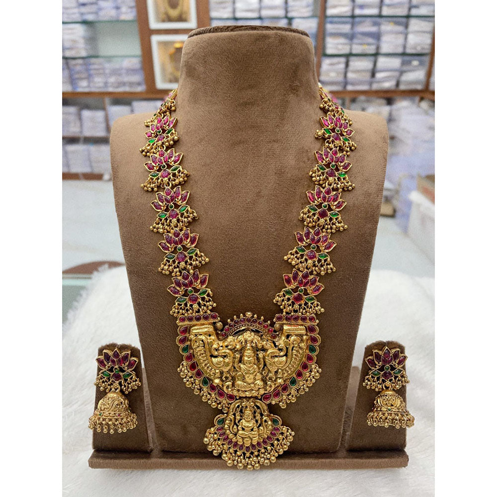 Ridhi Art Jewellery South Indian Pota Stone And Pearl Long Temple Necklace Set