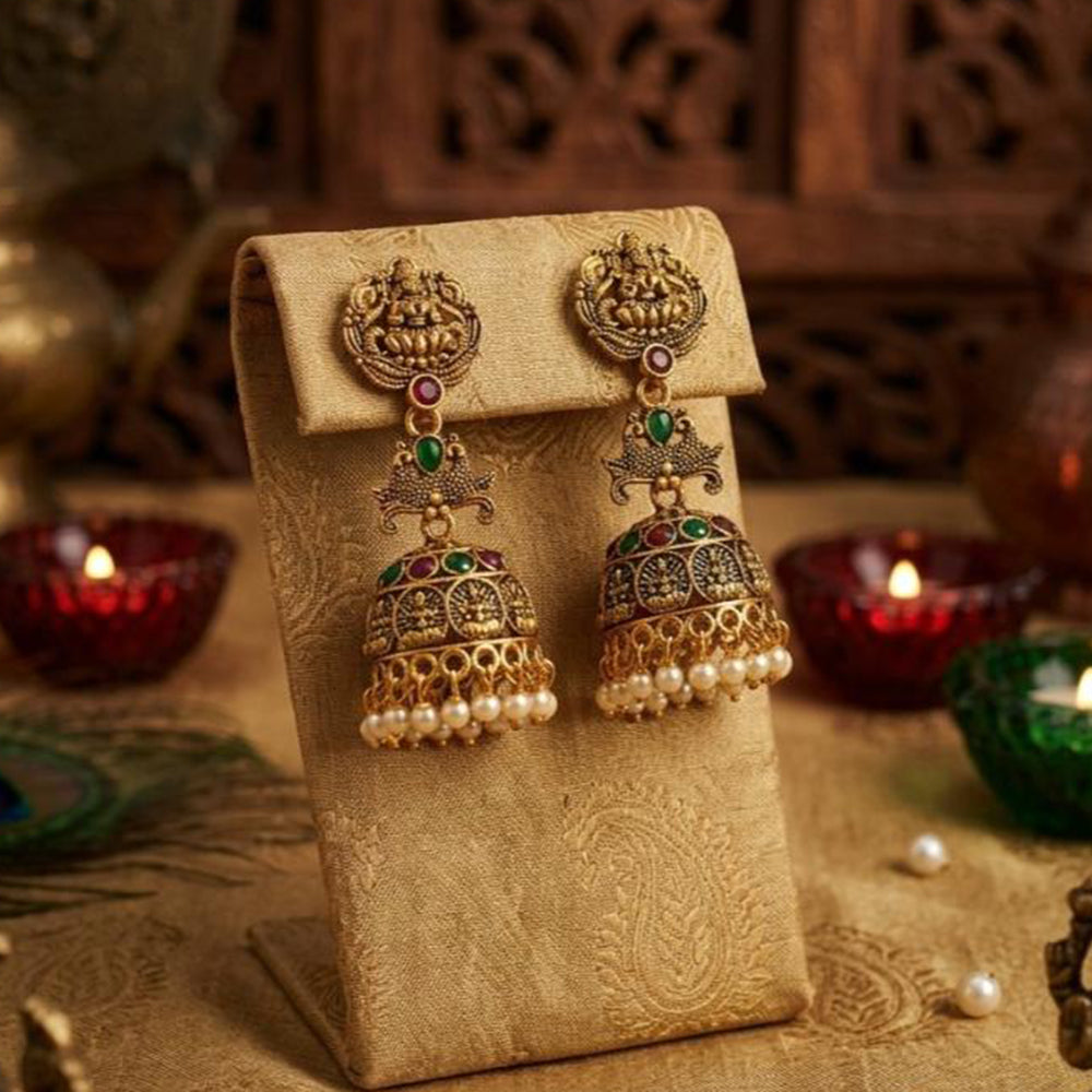 Kishi Jewels Pota Stone And Pearl South Indian Style Temple Jhumki Earrings  (Pack of 12)