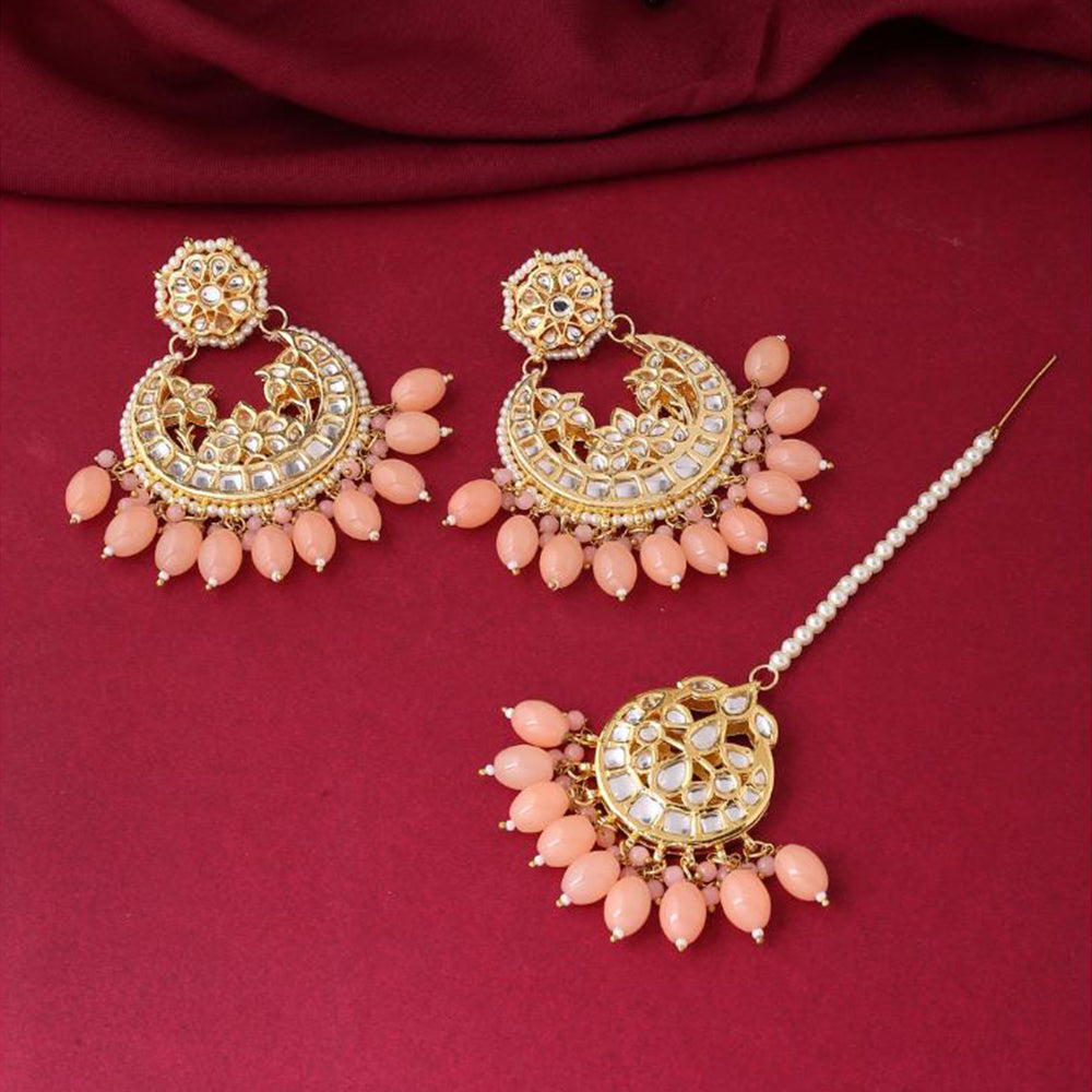 Viraasi Traditional Kundan Stone And Beads Dangler Earrings With Maangtikka 