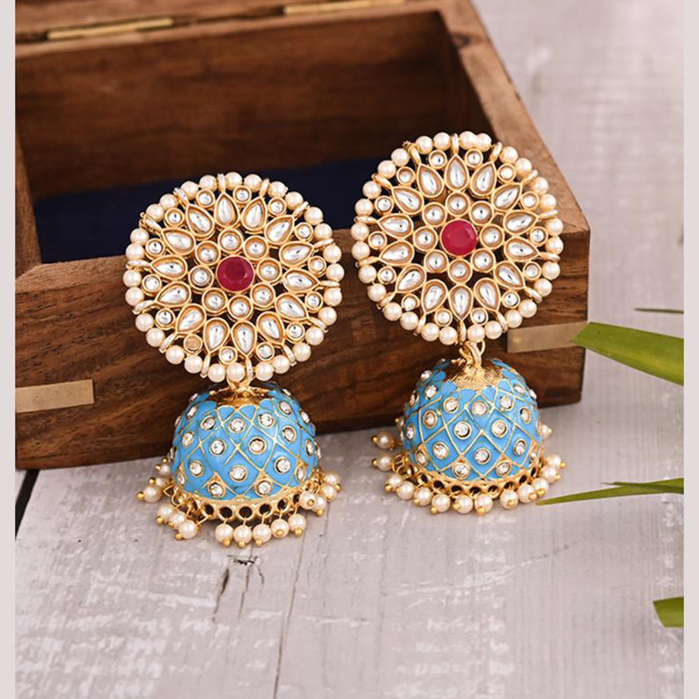 Viraasi Kundan Stone And Pearl Meenakari Jhumki Earrings 