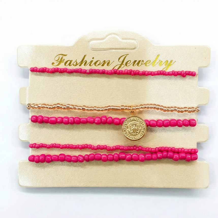 Urthn Minimalist Pink and Gold Bracelet Stack Fashion Beads Bracelet Combo(Pack of 3)