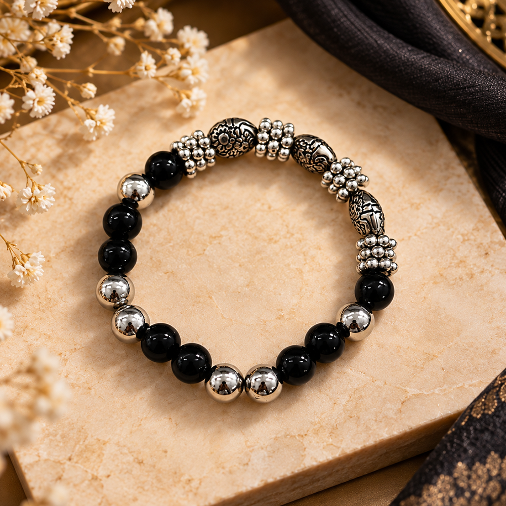 Urthn Stylish Black Beaded with Oxidised Charm Bracelet for Women & Girls