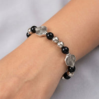 Urthn Unisex Black & Silver Beads Stretchable Bracelets(Pack of  6)