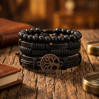 Urthn Layered Beaded Charm Bracelet with Woven Strap Design For Men (Set of 6)