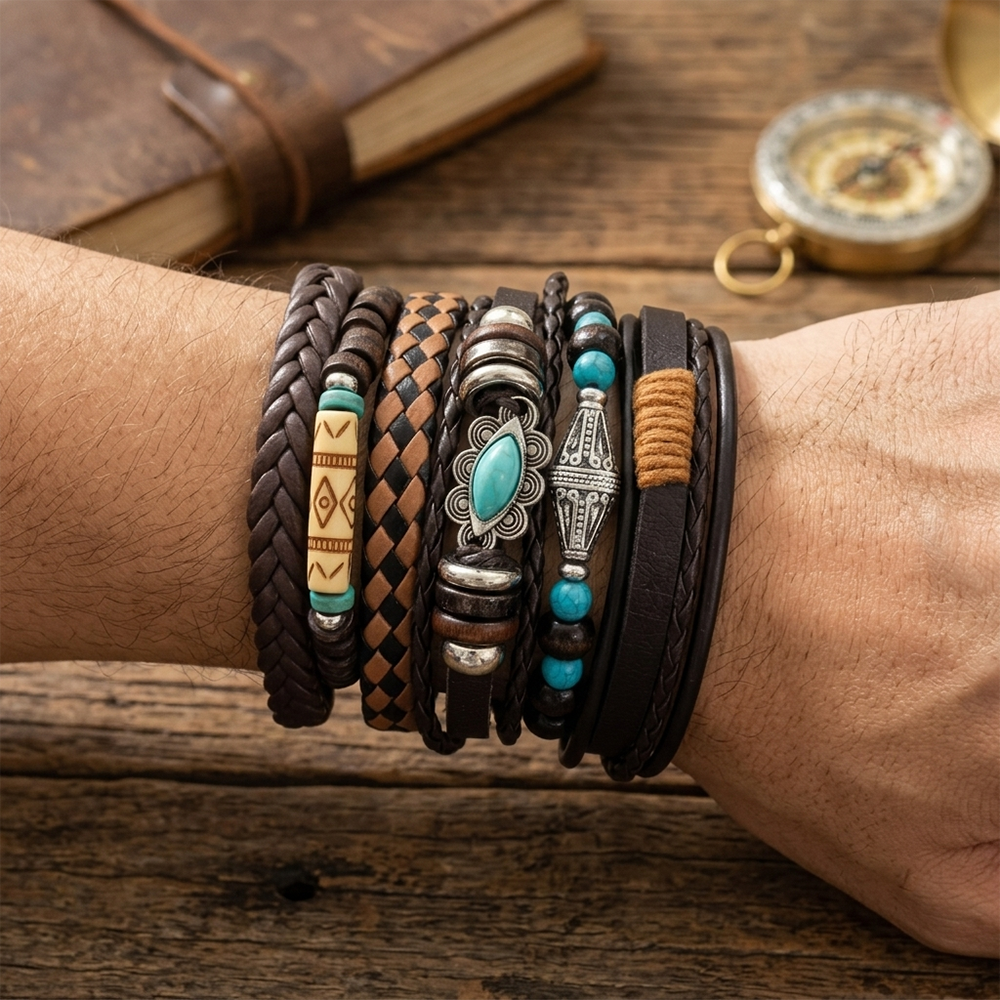 Urthn Layered Beaded Charm Bracelet with Woven Strap Design