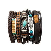 Urthn Layered Beaded Charm Bracelet with Woven Strap Design For Men (Set of 6)
