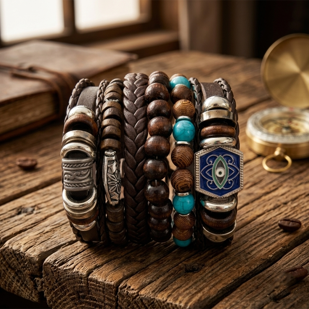 Urthn Layered Beaded Charm Bracelet with Woven Strap Design For Men (Set of 6)