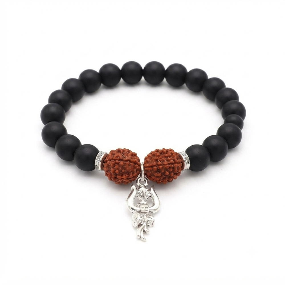 Urthn Rudraksha & Matte Beads Bracelet with Trishul Charm for Mens(Pack of 12)