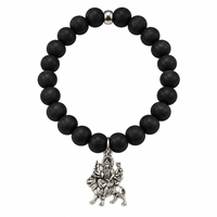 Urthn Black Matte Beads Bracelet with Goddess Durga Charm for Mens(Pack of 12)