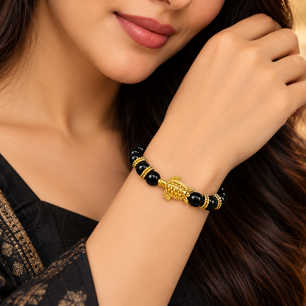 Urthn Trendy Black Beads Bracelet with Gold Plated Turtle Charm for Women & Men's(Pack Of 3 )