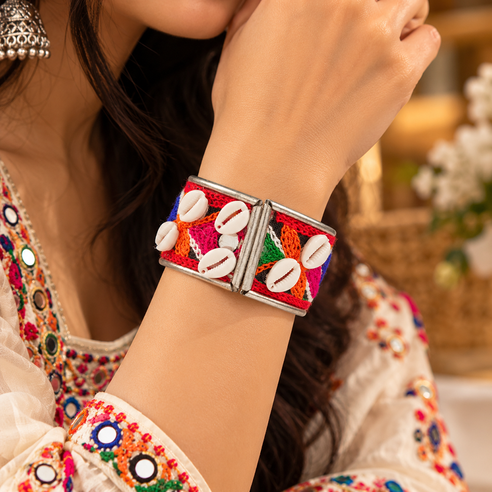 Urthn Colourful Navratri Shell & Mirror Work Traditional Kada Bracelet(Assorted Design)