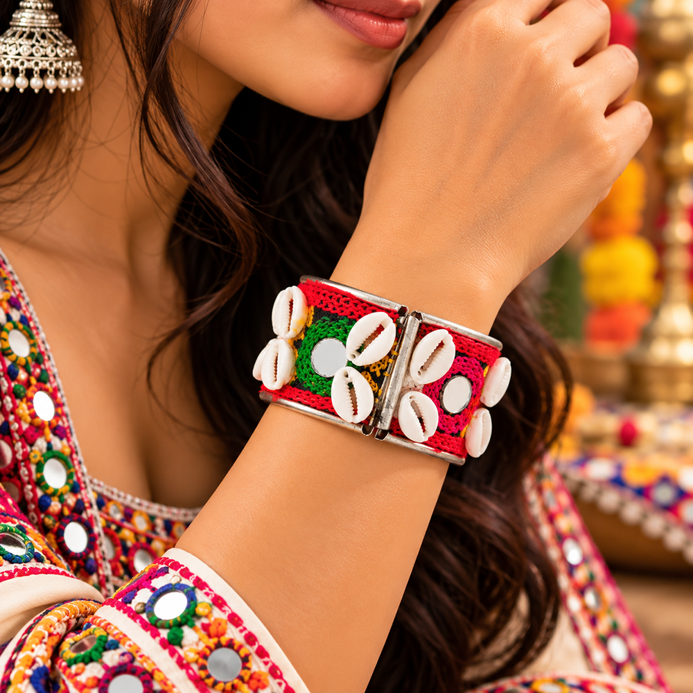 Urthn Colourful Navratri Shell & Mirror Work Traditional Kada Bracelet(Assorted Design)