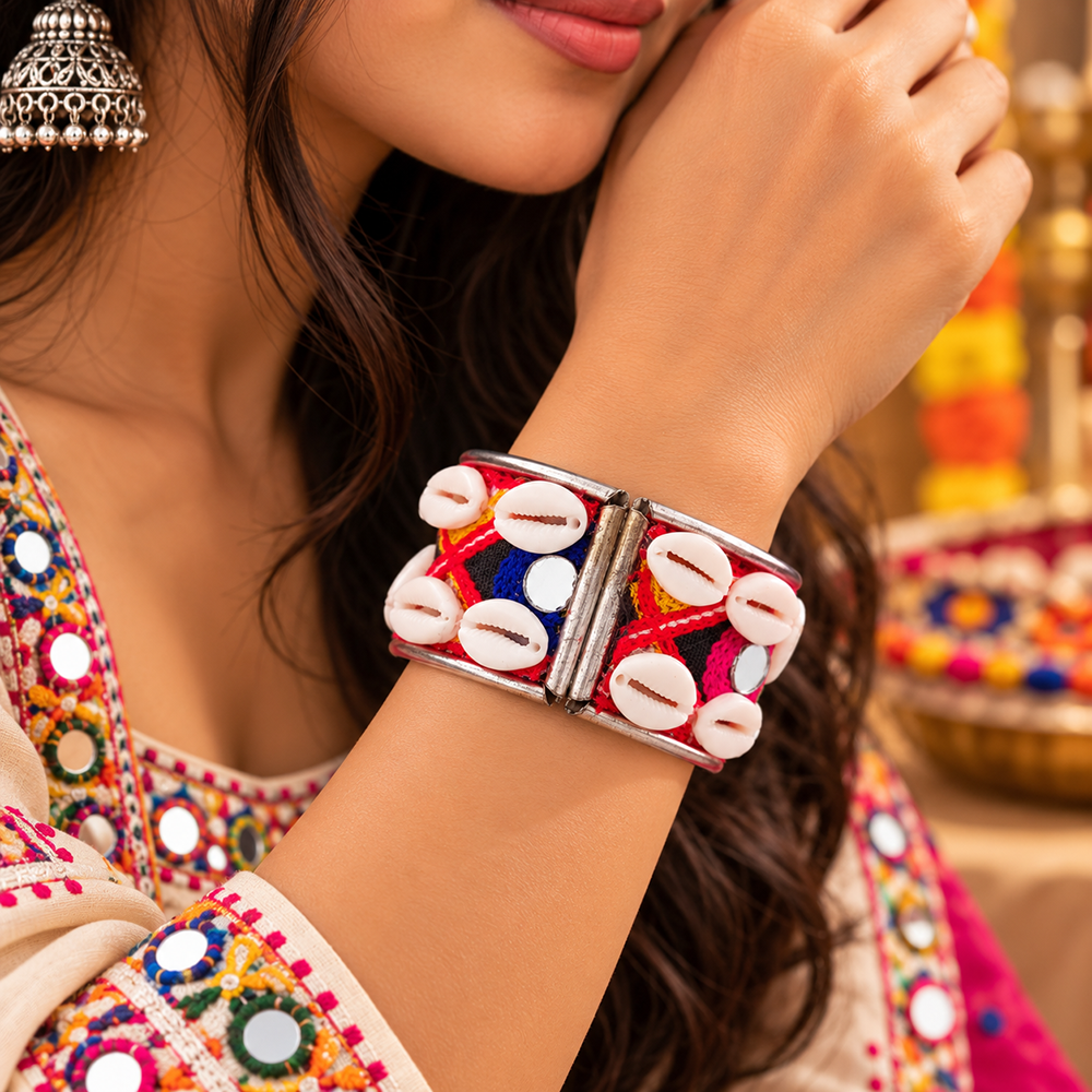 Urthn Colourful Navratri Shell & Mirror Work Traditional Kada Bracelet(Assorted Design)