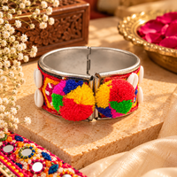 Urthn Vibrant Navratri Pom Pom Shell & Mirror Work Designer Kada Bracelet for Women