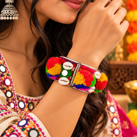 Urthn Vibrant Navratri Pom Pom Shell & Mirror Work Designer Kada Bracelet for Women(Assorted Design)