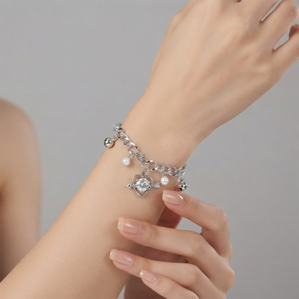 Urthn Fashionable Silver Plated With Heart Shape Charm Bracelet with Pearl Drops(Pack Of 6)