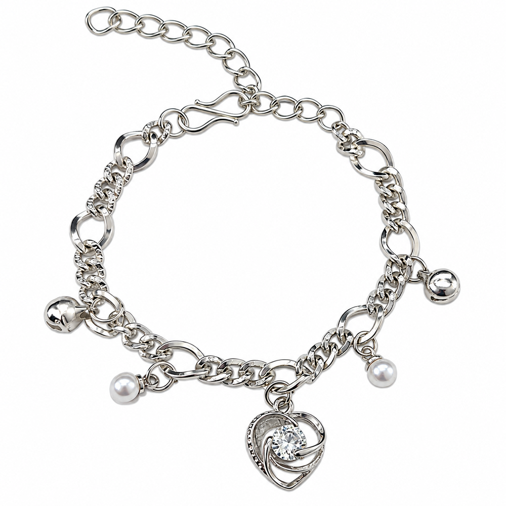 Urthn Fashionable Silver Plated With Heart Shape Charm Bracelet with Pearl Drops(Pack Of 6)