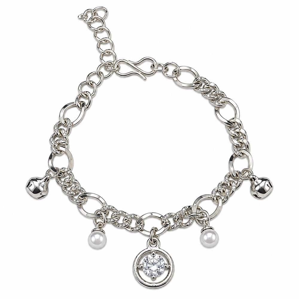 Urthn Fashionable Silver Plated With Round Shape Charm Bracelet with Pearl Drops(Pack Of 6)