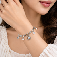 Urthn Fashionable Silver Plated With Round Shape Charm Bracelet with Pearl Drops(Pack Of 6)
