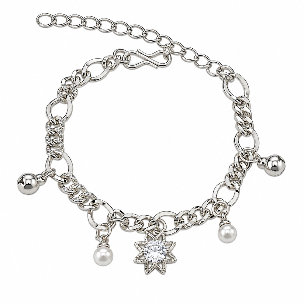 Urthn Fashionable Silver Plated With Floral Shape Charm Bracelet with Pearl Drops(Pack Of 6)