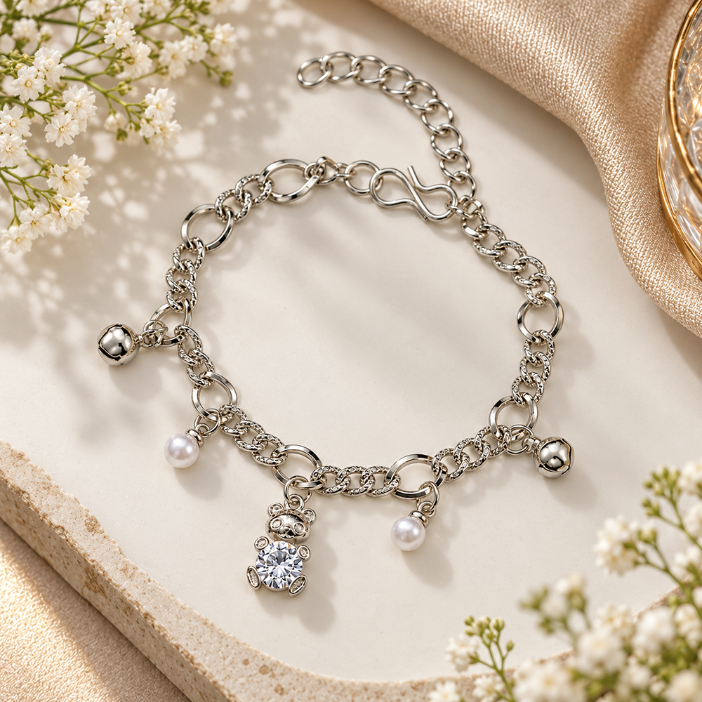 Urthn Fashionable Silver Plated With Teddy Shape Charm Bracelet with Pearl Drops