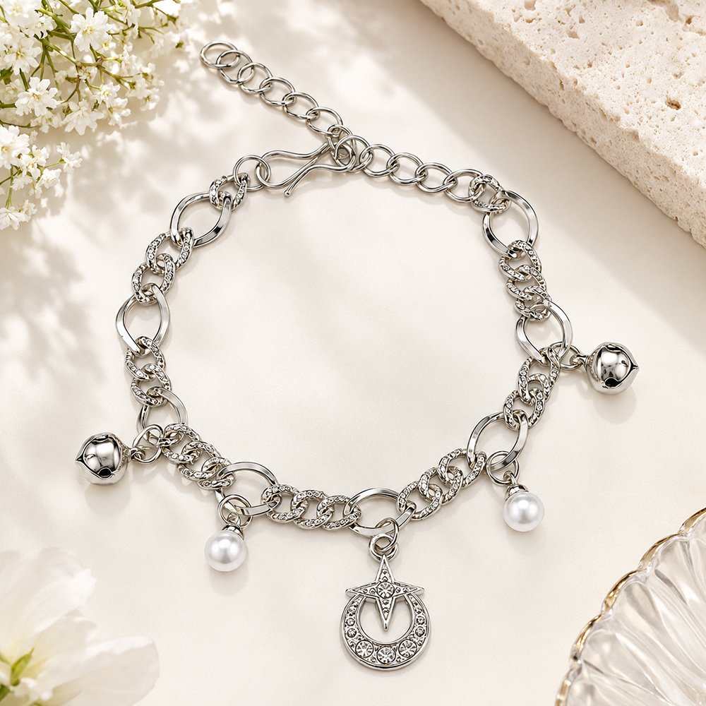 Urthn Fashionable Silver Plated Charm Bracelet with Pearl Drops