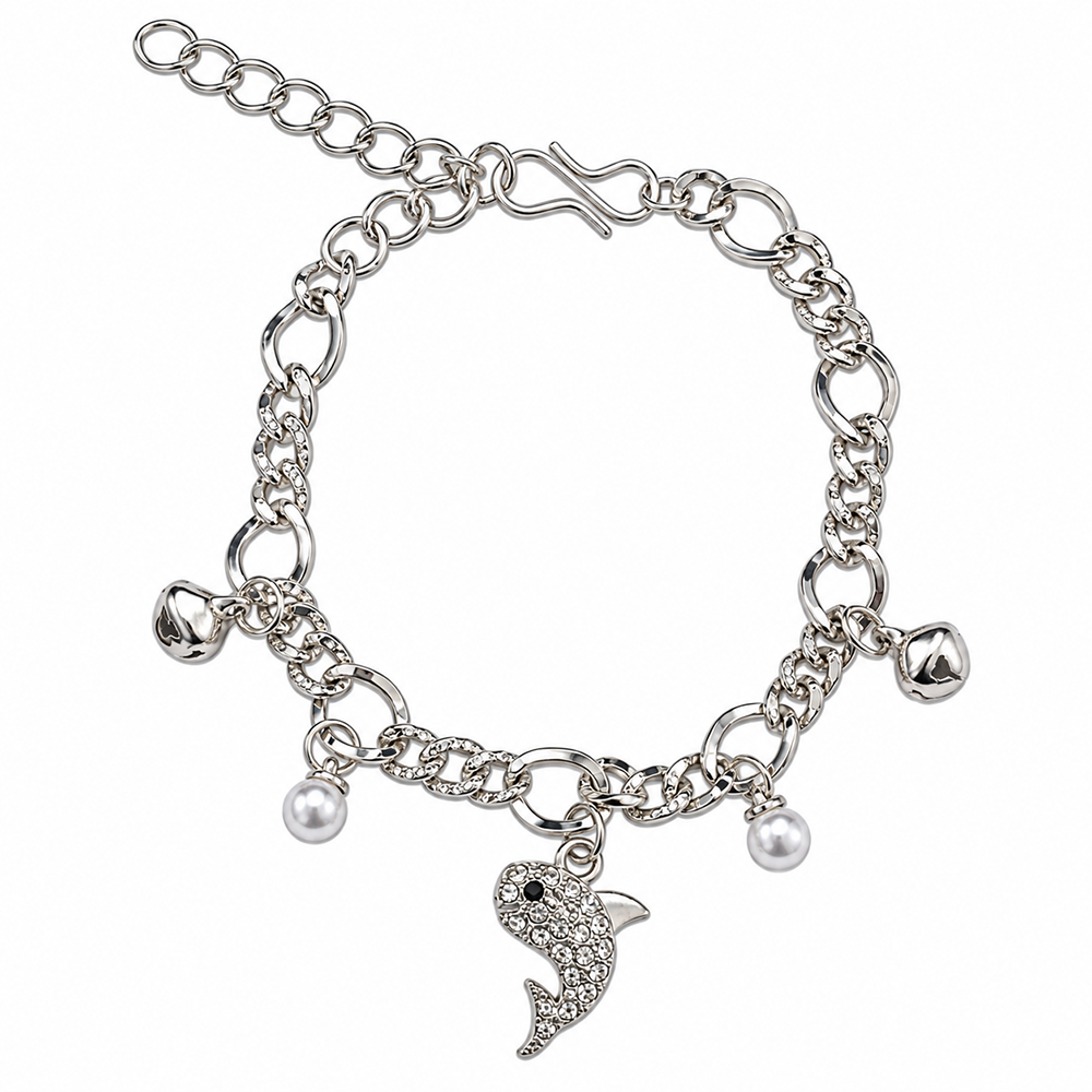 Urthn Fashionable Silver Plated With Fish Shape Charm Bracelet with Pearl Drops(Pack Of 6)