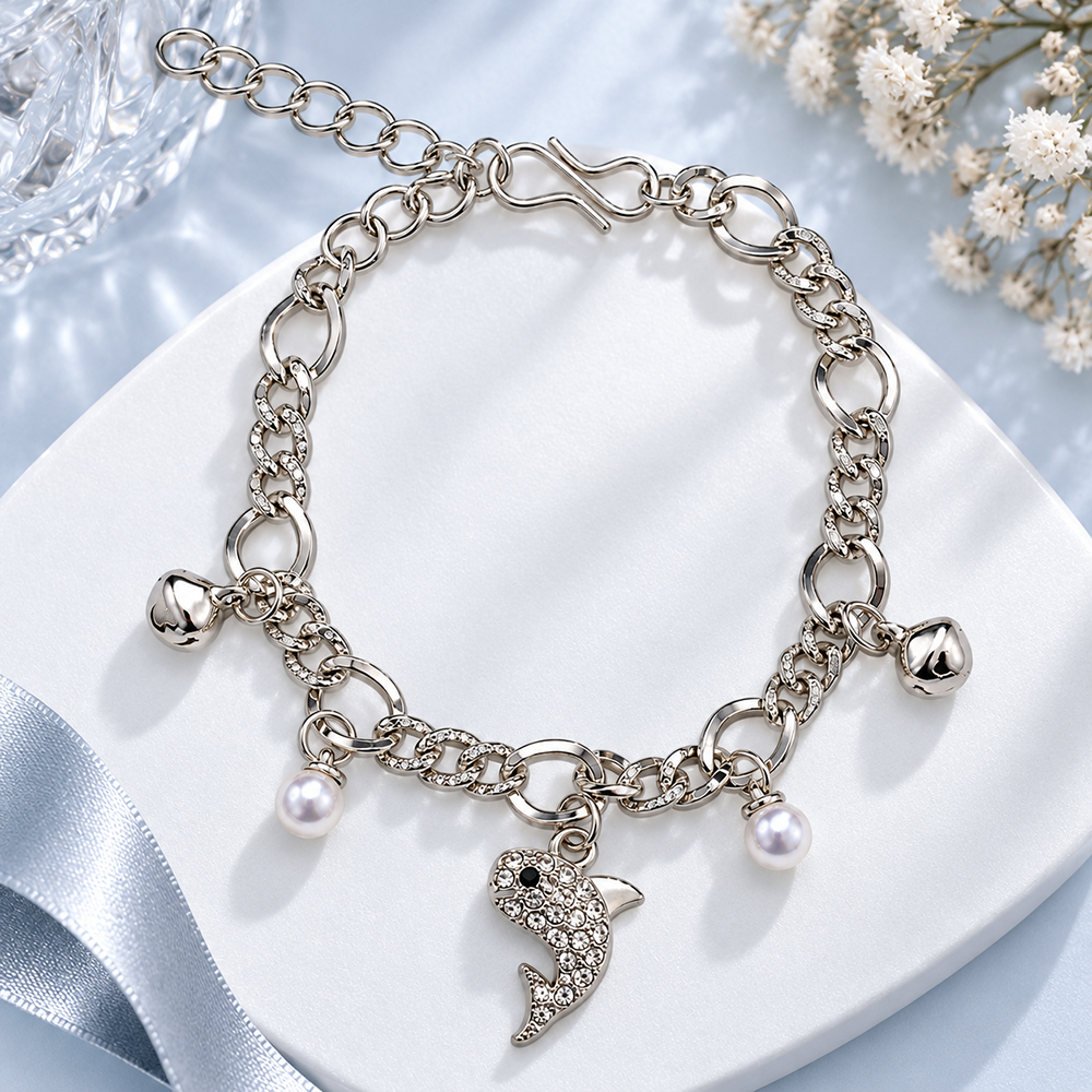 Urthn Fashionable Silver Plated With Fish Shape Charm Bracelet with Pearl Drops