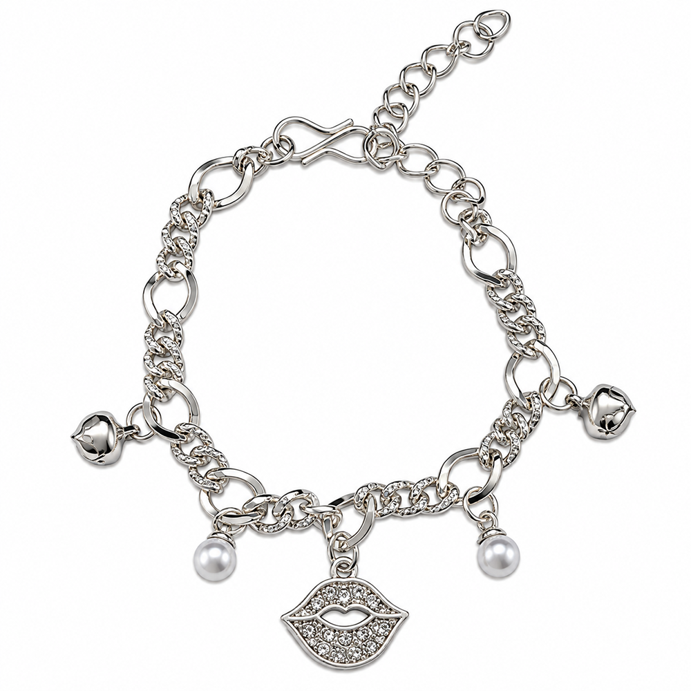 Urthn Fashionable Silver Plated With Lips Shape Charm Bracelet with Pearl Drops(Pack Of 6)