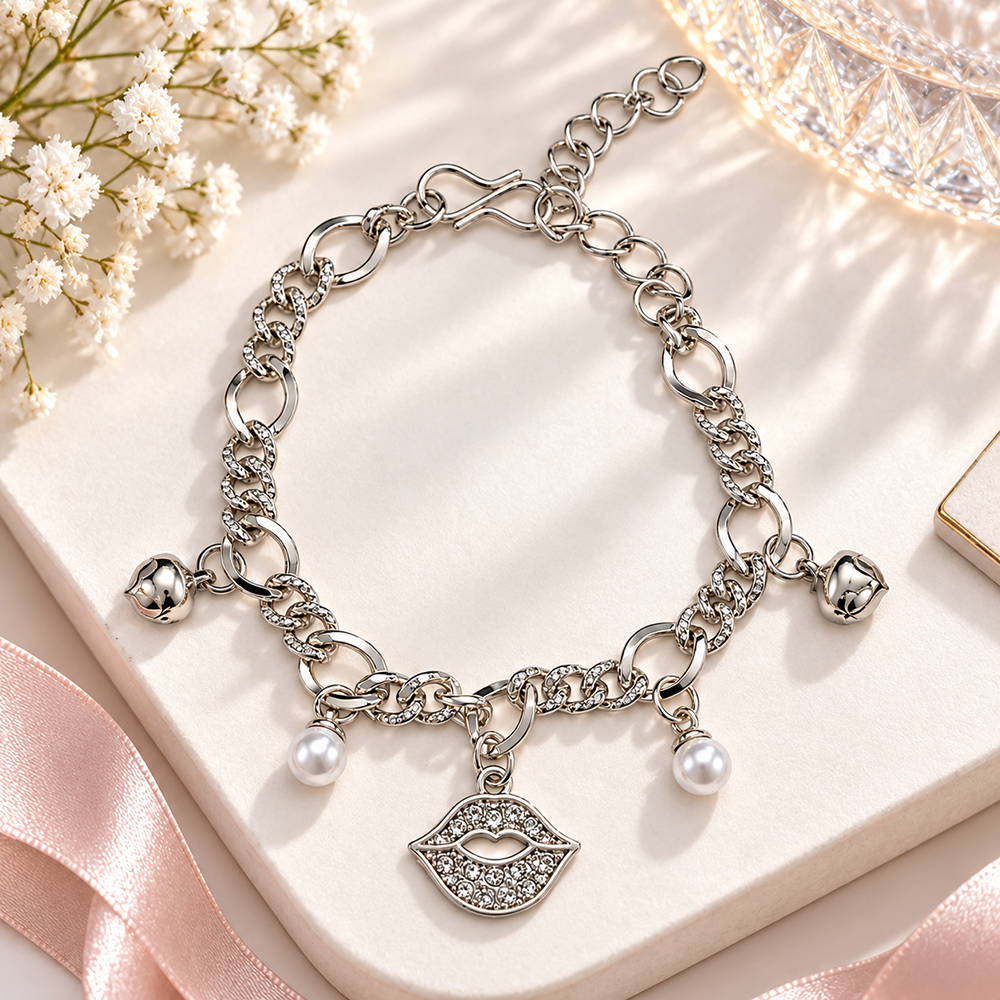Urthn Fashionable Silver Plated With Lips Shape Charm Bracelet with Pearl Drops