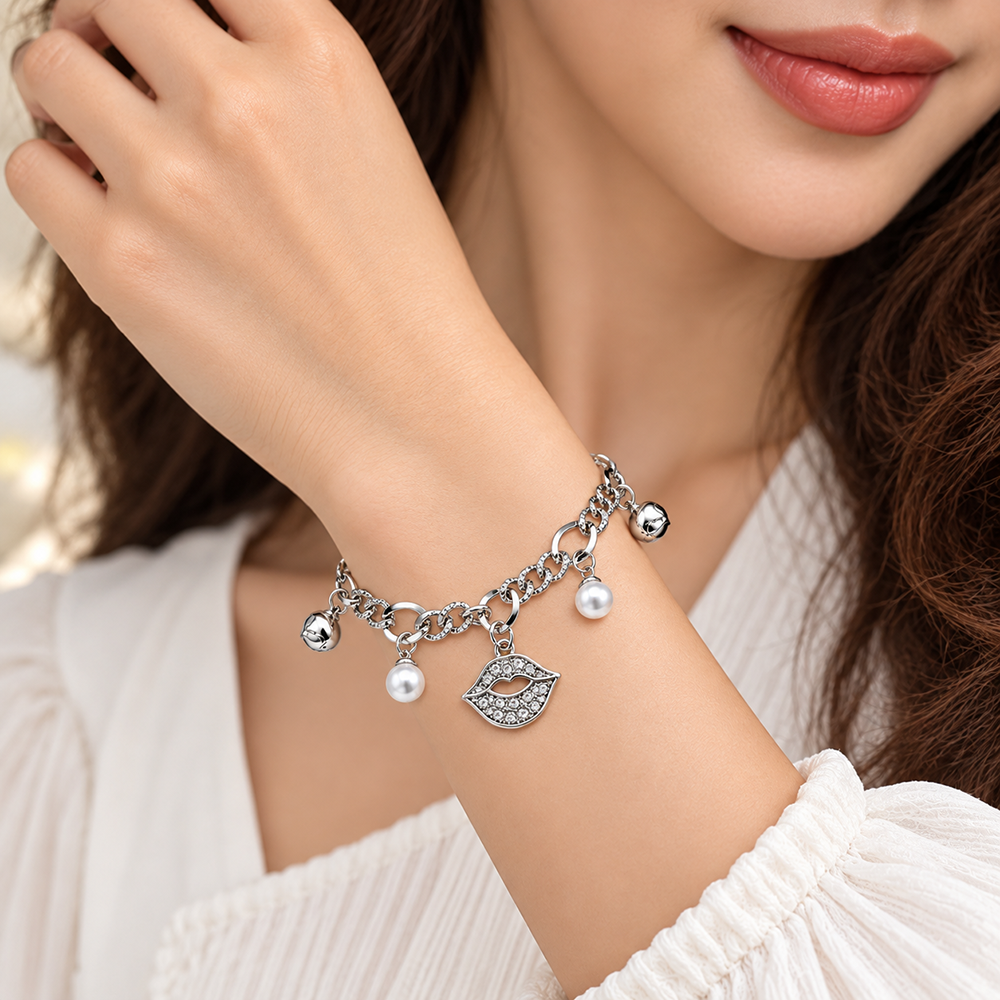 Urthn Fashionable Silver Plated With Lips Shape Charm Bracelet with Pearl Drops(Pack Of 6)