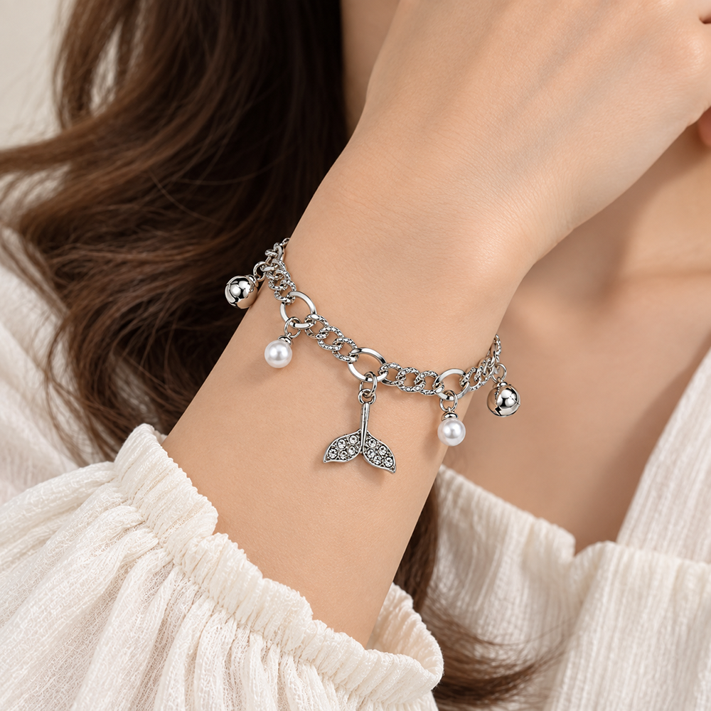 Urthn Fashionable Silver Plated With Plant Shape Charm Bracelet with Pearl Drops(Pack Of 6)