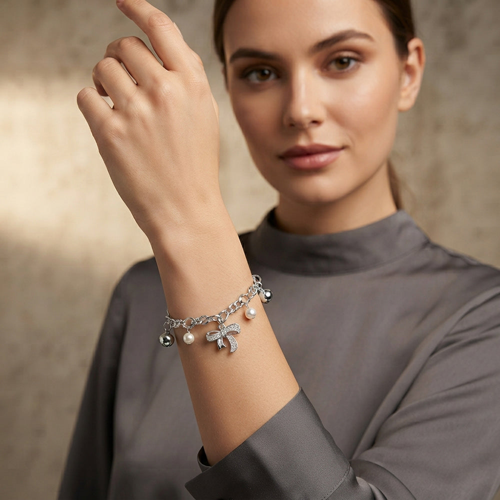 Urthn Fashionable Silver Plated With Bow Shape Charm Bracelet with Pearl Drops(Pack Of 6)