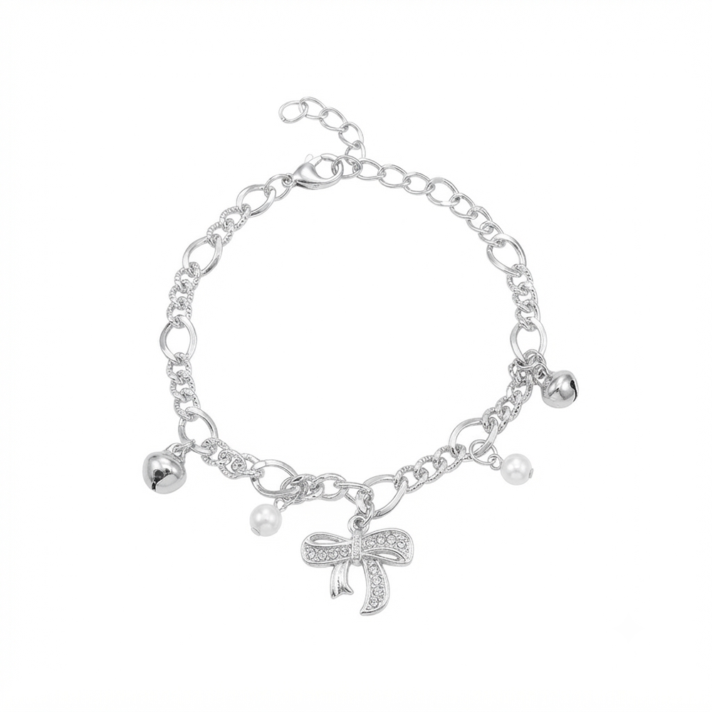 Urthn Fashionable Silver Plated With Bow Shape Charm Bracelet with Pearl Drops(Pack Of 6)