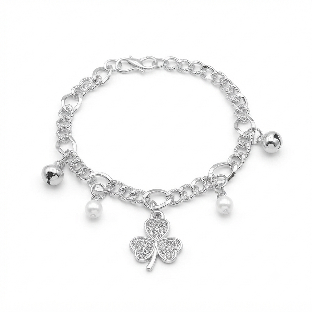 Urthn Fashionable Silver Plated With Clover Shape Charm Bracelet with Pearl Drops(Pack Of 6)