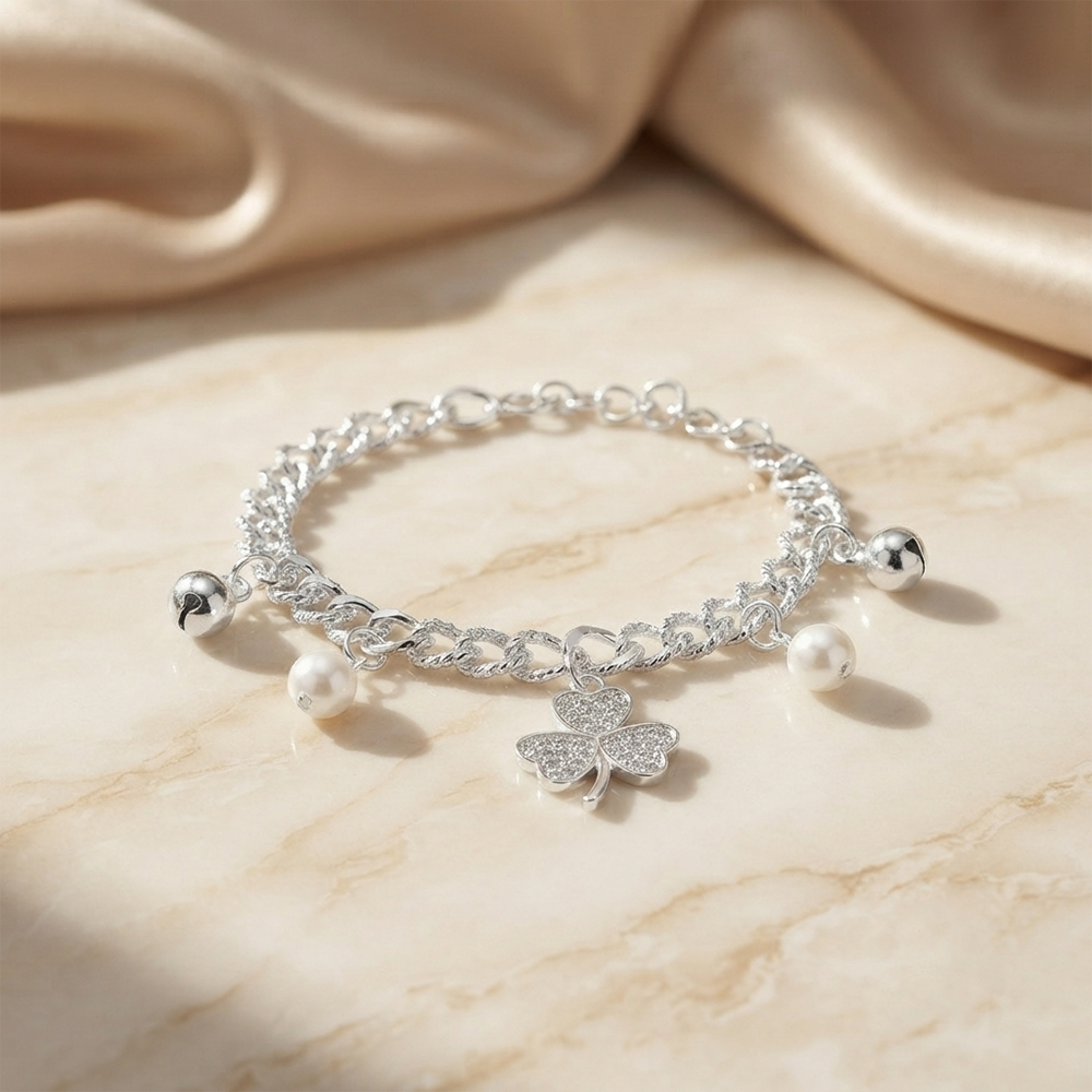 Urthn Fashionable Silver Plated With Clover Shape Charm Bracelet with Pearl Drops