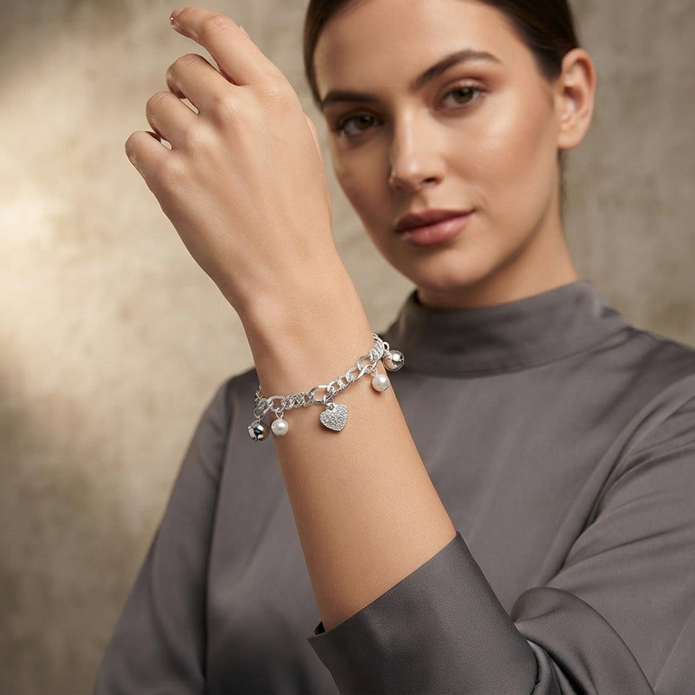 Urthn Fashionable Silver Plated With Heart Shape Charm Bracelet with Pearl Drops(Pack Of 6)