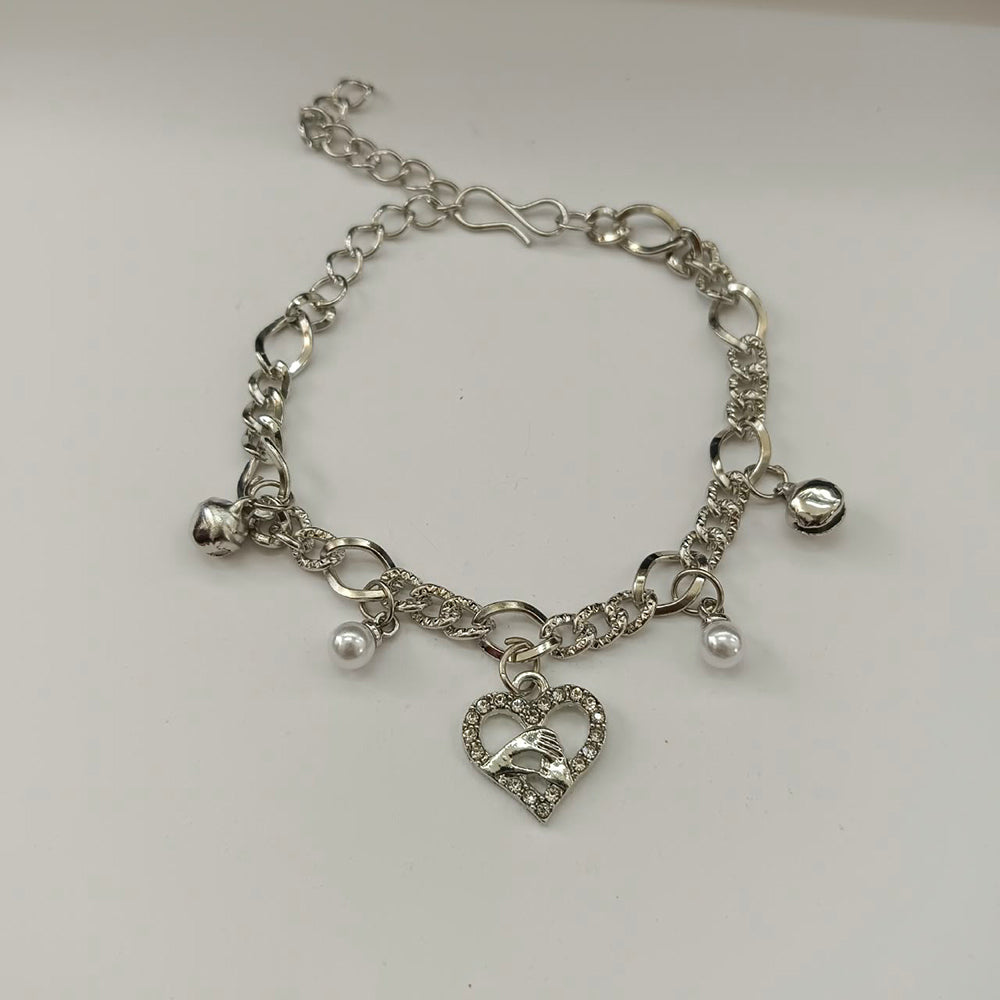 Urthn Fashionable Silver Plated With Heart Shape Charm Bracelet with Pearl Drops(Pack Of 6)