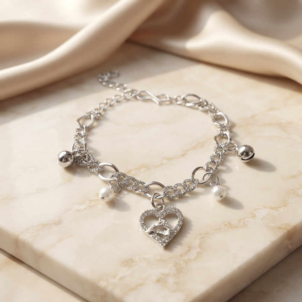 Urthn Fashionable Silver Plated With Heart Shape Charm Bracelet with Pearl Drops(Pack Of 6)