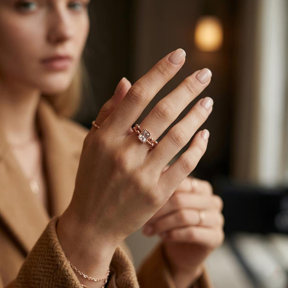 Urthn Rose Gold Plated American Diamond and Brass Adjustable Ring(Pack of 6)