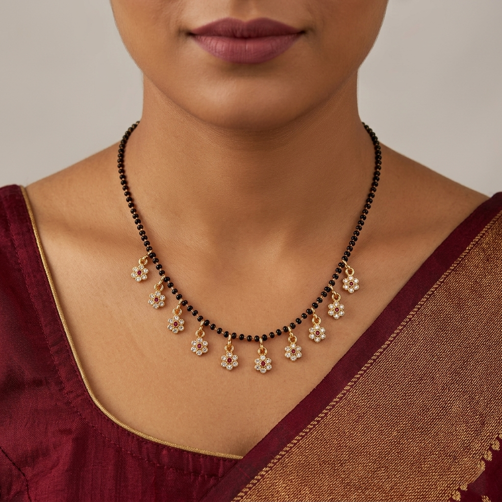 Urthn American Diamond Floral Charms Trendy Mangalsutra For Women (Pack of 3)