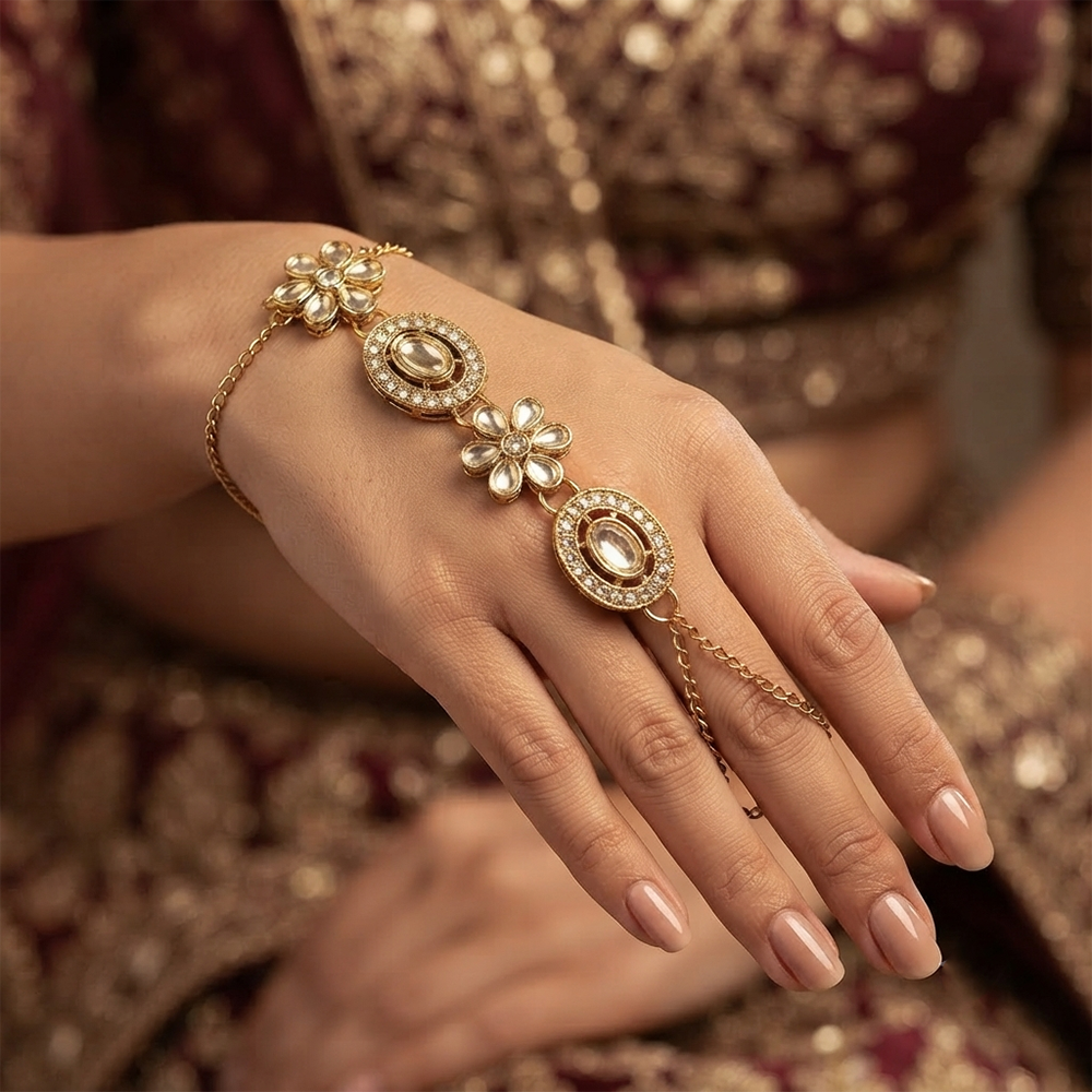Darshana Jewels Gold Plated Kundan Stone Hath Panja Traditional Hand Jewellery  for Women (Pack of 3)