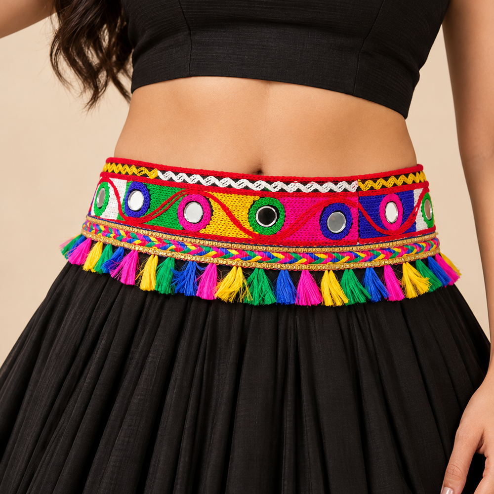 Urthn Traditional Navratri Mirror Work & Colorful Tassel Embellished Assorted Design Kamarband Waist Belt for Women(Pack Of 3)