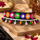 Urthn Colorful Mirror Work Shell & Pom Pom Kamarband Waist Belt for Navratri Festive Wear