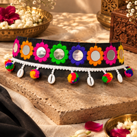 Urthn Colorful Mirror Work Shell & Pom Pom Kamarband Waist Belt for Navratri Festive Wear